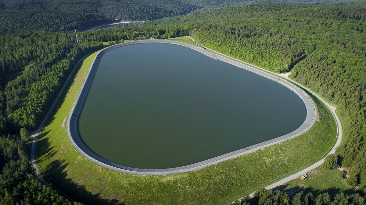 Reservoir, storage basin of pumped-storage plant - aerial view