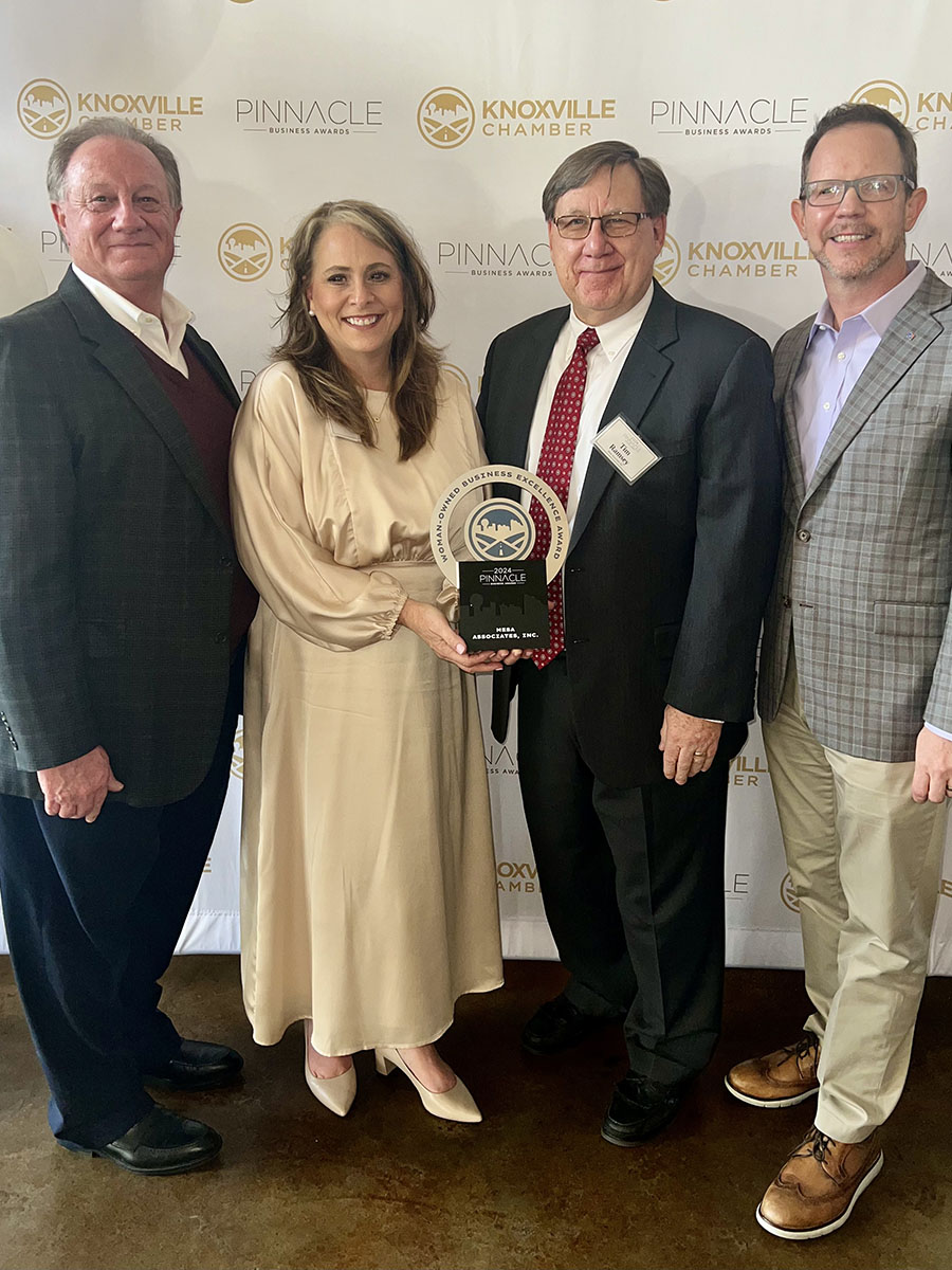 (L to R): Mark Field, Senior VP of Investor Development & Experience, Knoxville Chamber; Jennifer Moore, Marketing Manager, Mesa Associates, Inc.; Tim Ramsey, Senior VP Power Generation, Mesa Associates, Inc.; Dave Miller, Chair, Knoxville Chamber Board of Directors