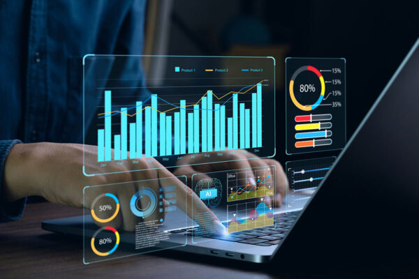 Businessman works on laptop Showing business analytics dashboard with charts metrics and KPI to analyze performance and create insight reports for operations management Data analysis conceptAi