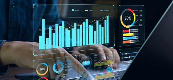 Businessman works on laptop Showing business analytics dashboard with charts metrics and KPI to analyze performance and create insight reports for operations management Data analysis conceptAi