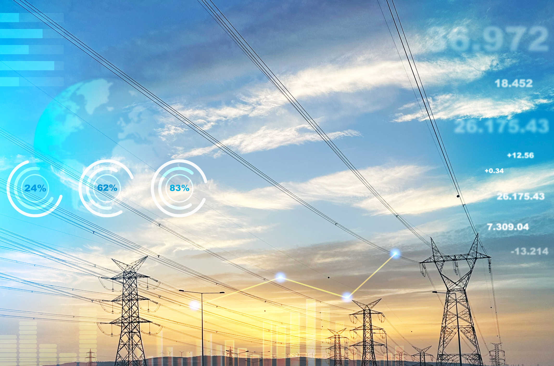 High-voltage power lines and lattice towers against a blue sky with faint digital data graphics overlayed.