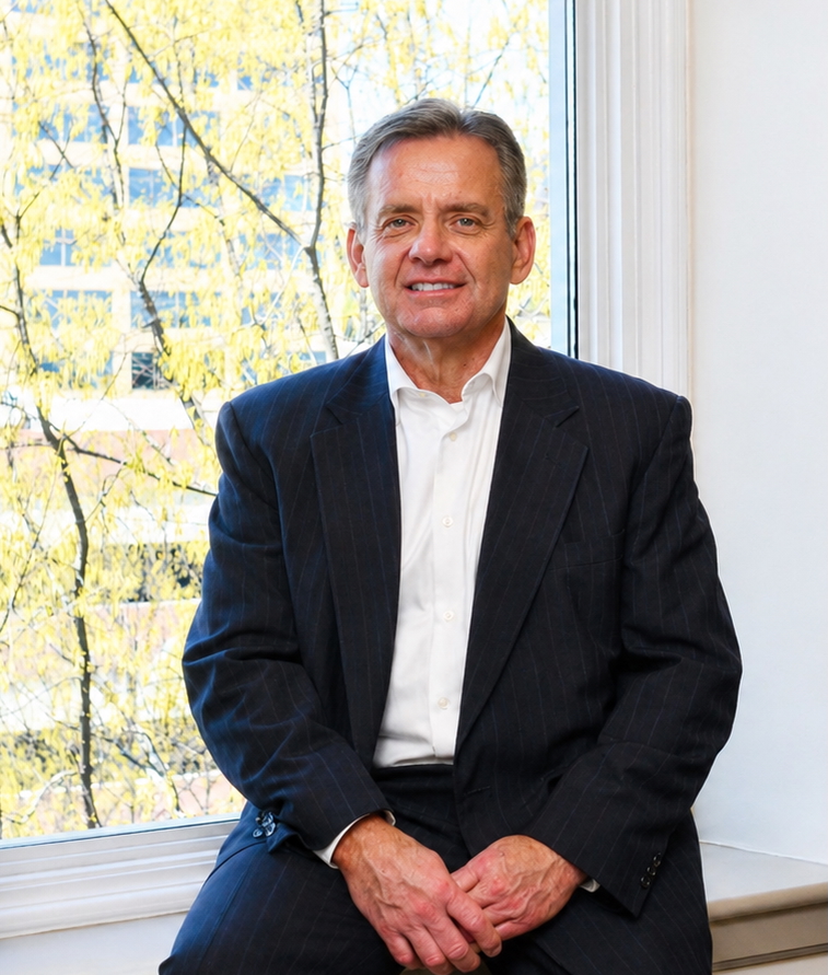 Portrait of a middle-aged man in a dark pinstripe suit and white shirt, seated by a window with yellow-leaved trees outside.