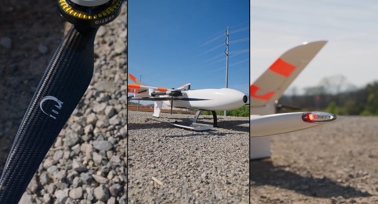 Triptych collage: left shows a close-up of a carbon-fiber drone propeller hub, middle a white fixed-wing drone on a gravel surface, right the tail of a small airplane with a red wingtip light.